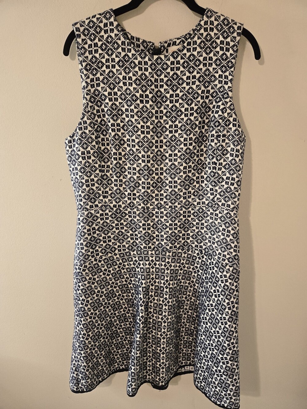 Tory Burch Size 10 Navy Ivory Geometric Jacquard Fit & Flare Dress Sleeveless